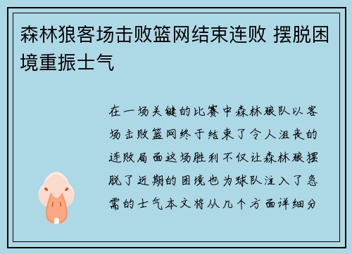 森林狼客场击败篮网结束连败 摆脱困境重振士气