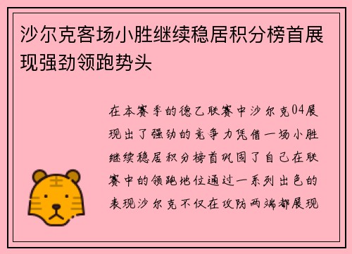 沙尔克客场小胜继续稳居积分榜首展现强劲领跑势头
