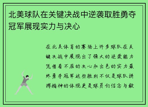 北美球队在关键决战中逆袭取胜勇夺冠军展现实力与决心