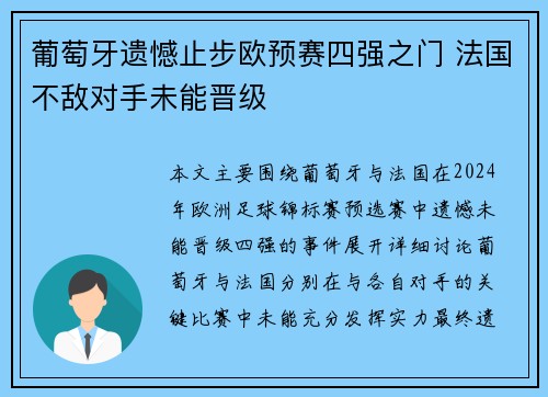葡萄牙遗憾止步欧预赛四强之门 法国不敌对手未能晋级