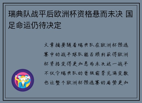 瑞典队战平后欧洲杯资格悬而未决 国足命运仍待决定