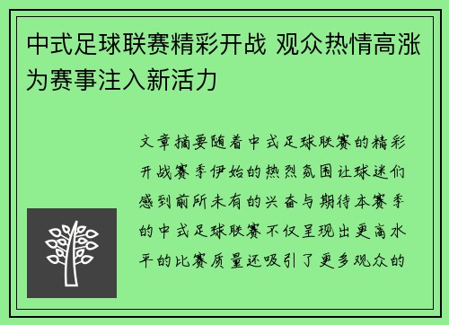 中式足球联赛精彩开战 观众热情高涨为赛事注入新活力