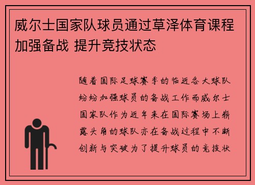 威尔士国家队球员通过草泽体育课程加强备战 提升竞技状态