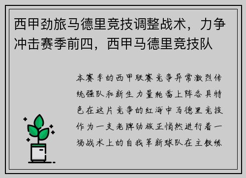 西甲劲旅马德里竞技调整战术，力争冲击赛季前四，西甲马德里竞技队