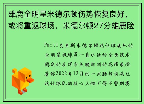 雄鹿全明星米德尔顿伤势恢复良好，或将重返球场，米德尔顿27分雄鹿险胜绿军