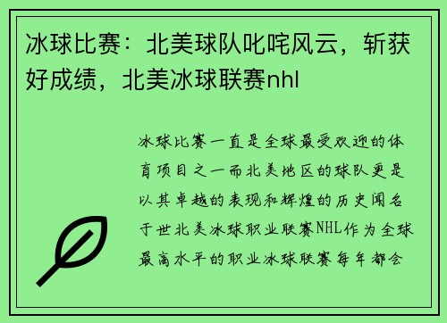 冰球比赛：北美球队叱咤风云，斩获好成绩，北美冰球联赛nhl