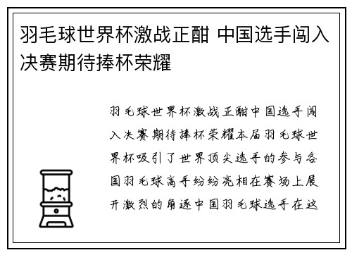 羽毛球世界杯激战正酣 中国选手闯入决赛期待捧杯荣耀